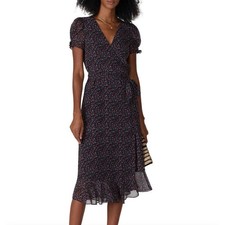 Madewell Wrap Dress XS Black Red Floral Midi Puff Sleeve Ruffle Hem V-Neck