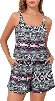Summer Mae Women's 1pc Blouson Modest Swim Romper - Bohemia Game Board - 16