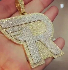 3Ct Round Cut Real Moissanite Men's "R" Initial Pendant 14K Yellow Gold Plated