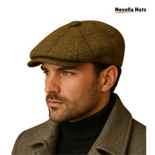 Gladwin Bond Harris Tweed Flat Cap Green Wool Newsboy Gatsby Hat for Men Premium