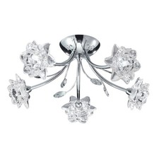 5 Lights Chrome Finish Semi Flush Ceiling Fitting Light with Clear Flower Glass