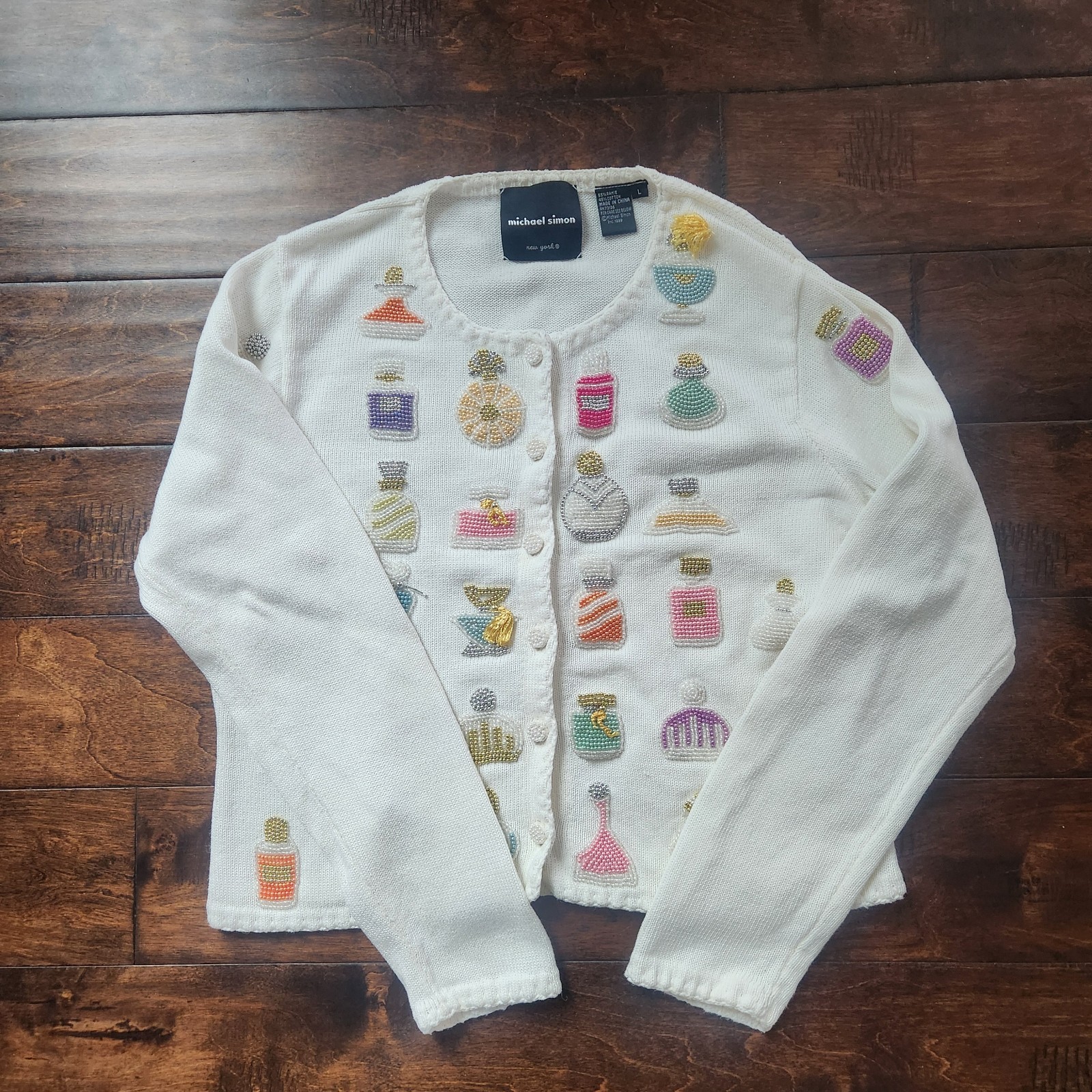 Vintage Michael Simon  Perfume Bottle Cardigan Women Large, Beaded