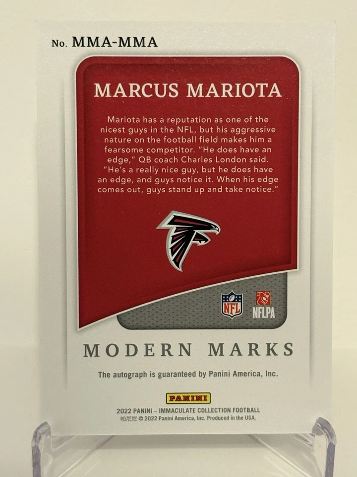2022 Panini Immaculate Modern Marks Marcus Mariota Auto /49 #MMA-MMA - Image 2 of 2