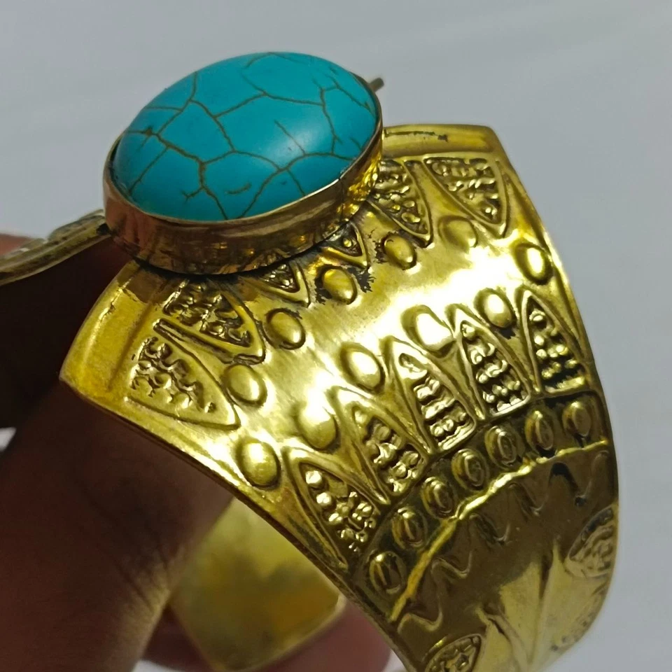 Handmade brass cuff with synthetic turquoise stone Egypt antique-style jewelry - Image 4 of 4
