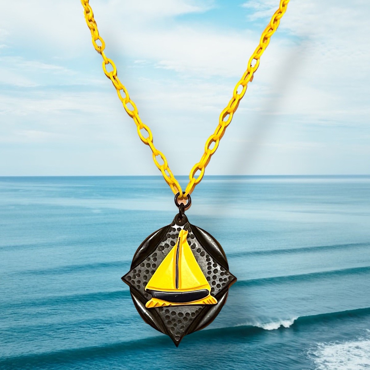 Sailboat Celluloid & Bakelite Pendant Necklace Nautical Necklace Celluloid Chain View 3
