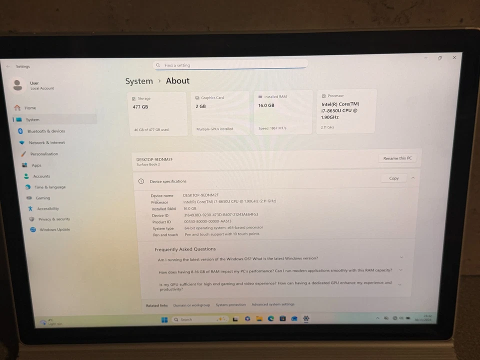Microsoft Surface Book 2  i7 8650U GTX 1050 16GB 512GB Win 11 P Touchscreen. - Image 2 of 4