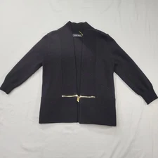 Ivanka Trump Women’s Open Front Knit Cardigan M Black Rib Shawl Collar Gold Deta