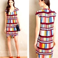 Maeve Anthropologie Multicolor Striped Pleated Scoop Neck Shift Dress Size 0