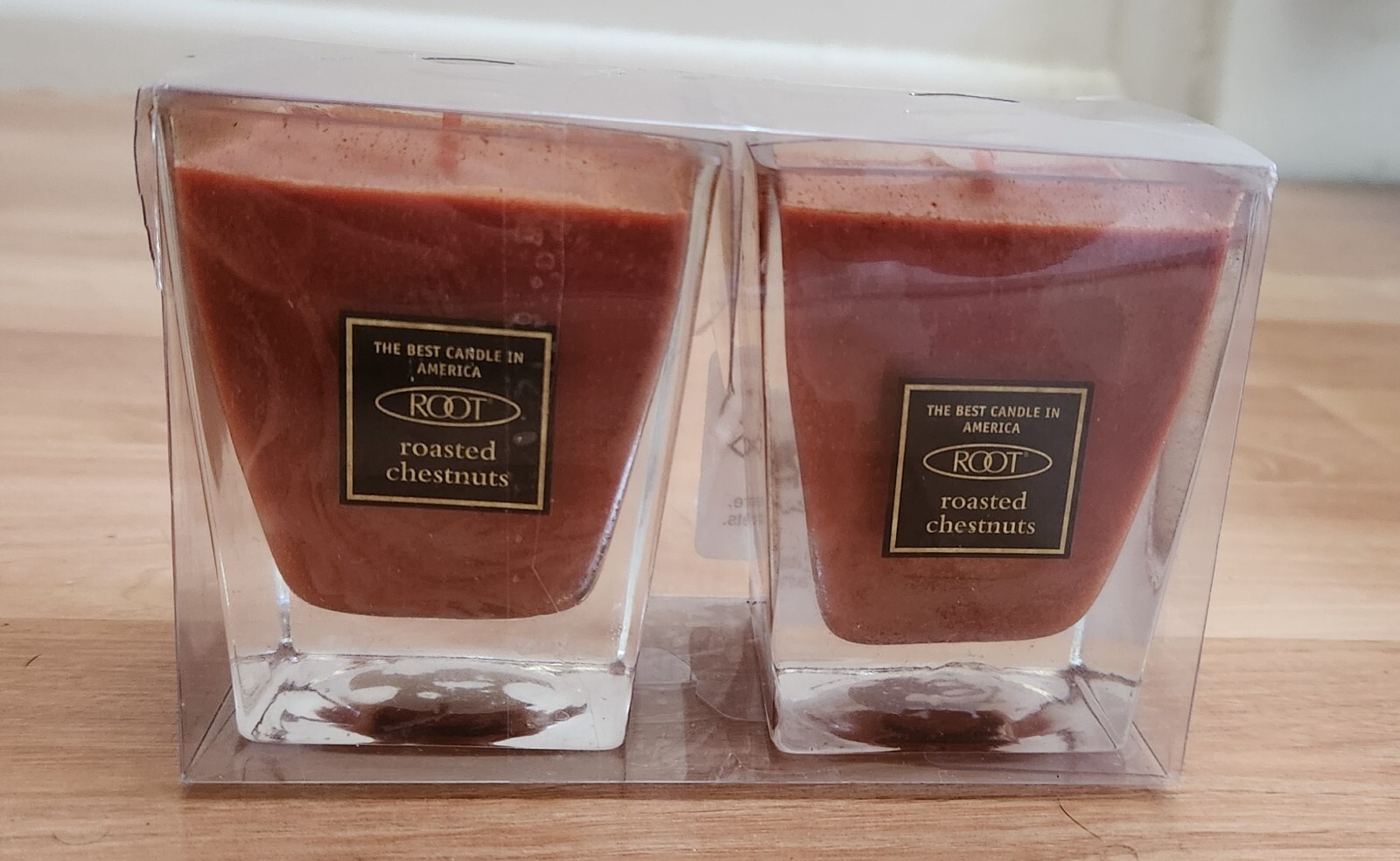 Root Candles Set of 2 in Heavy Glass Holders - Roasted Chestnut Scent - New Open Box