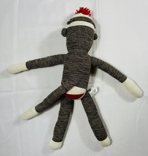 Schylling Sock Monkey Plush 22" Brown White 2009 Pom Pom Hat Red Bottom Toy - Picture 2 of 7