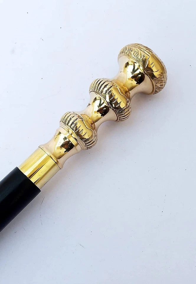 Bastón de madera con incrustación negra vintage mango de perilla de latón victoriano bastón regalo Foto 4 de 4