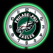 19" Philadelphia Eagles Sign Double Neon Clock Green Neon Chrome Finish Football