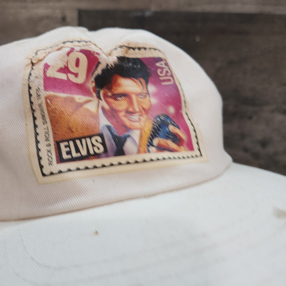 VTG 90s Elvis Presley Postal Stamp Snapback White Hat Rough Shape