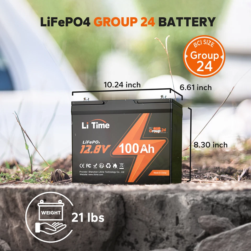 LiTime 12V 100Ah BCI Group 24 LiFePO4 Lithium Battery For Camper RV Solar Boat - Image 2 of 4