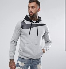 Nike Big Swoosh Pullover Hoodie Gray Nylon Hood Size Men s Med- Blue Tag