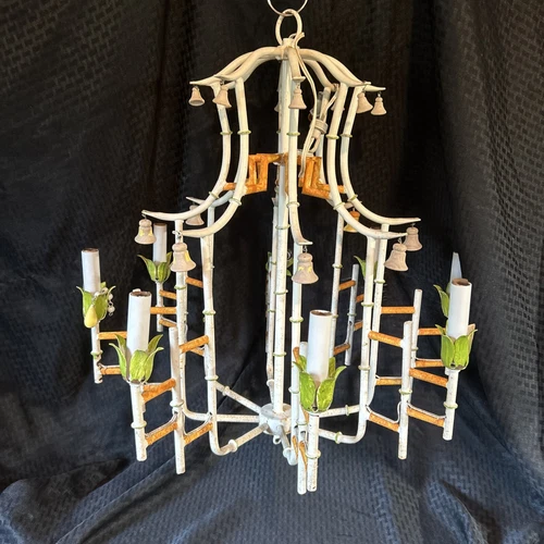 Large Vintage Faux Bamboo Pagoda Hollywood Regency 8 Light Chandelier W Bells