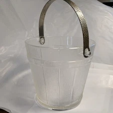 Bar Glass Ice Bucket Wood Texture Panels Harmered Silver Tone Detachable Handle