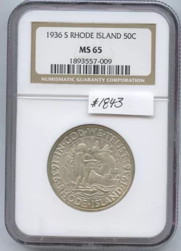 1936-S R. I. 50C (#1843) NGC MS65. Lite Toning. Scarcer "S" Mint. 