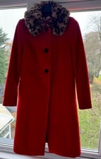 Boden Red Wool Austen Classic Coat. Faux Fur Leopard Print/navy Collars. 8