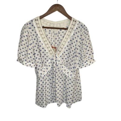 Monsoon Womens Polka Dot Baby Doll Top Size 10 Ivory Blue Coquette Pinup Retro