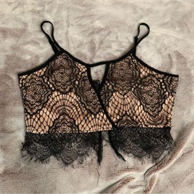 Fora Black Floral Lace Crop Top Nude Lining Adjustable Straps Small Back Zip
