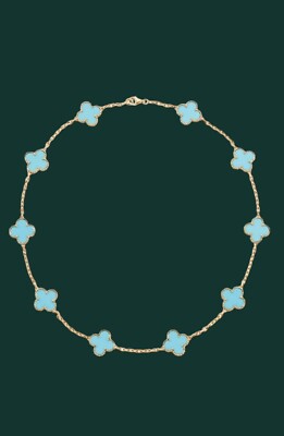 Van Cleef Arpels 18K YG 10 Motif Turquoise Alhambra Necklace