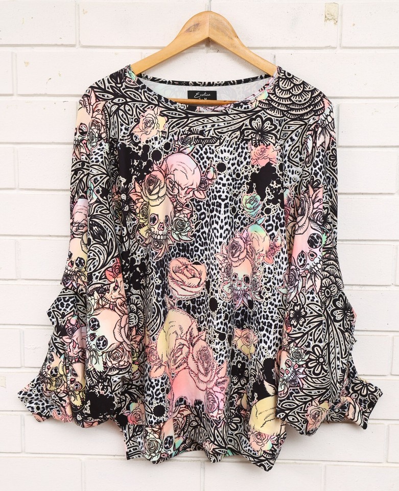 Women's Exotica multicoloured floral skull long sleeve workout top size S/M