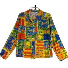 VTG Coldwater Creek Colorful Patchwork Print Button Down Cotton Top Blouse - M