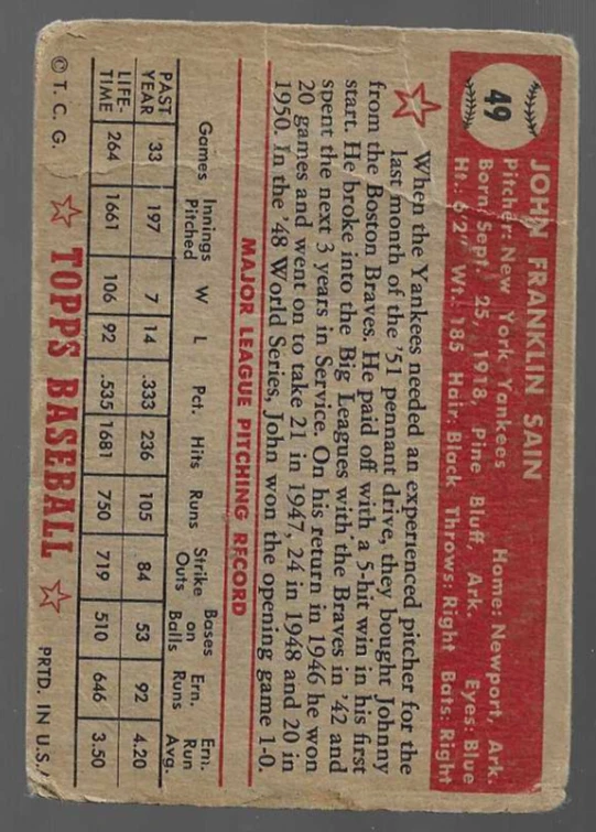 1952 Topps Johnny Sain #49 New York Yankees Poor - Image 2 of 2