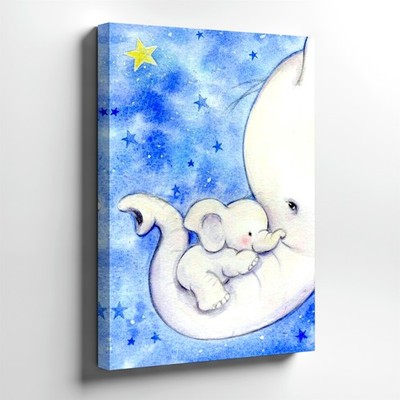 Wall Art Baby Elephant Moon Nursery Print Blue Starry Sky Cute Animal Decor