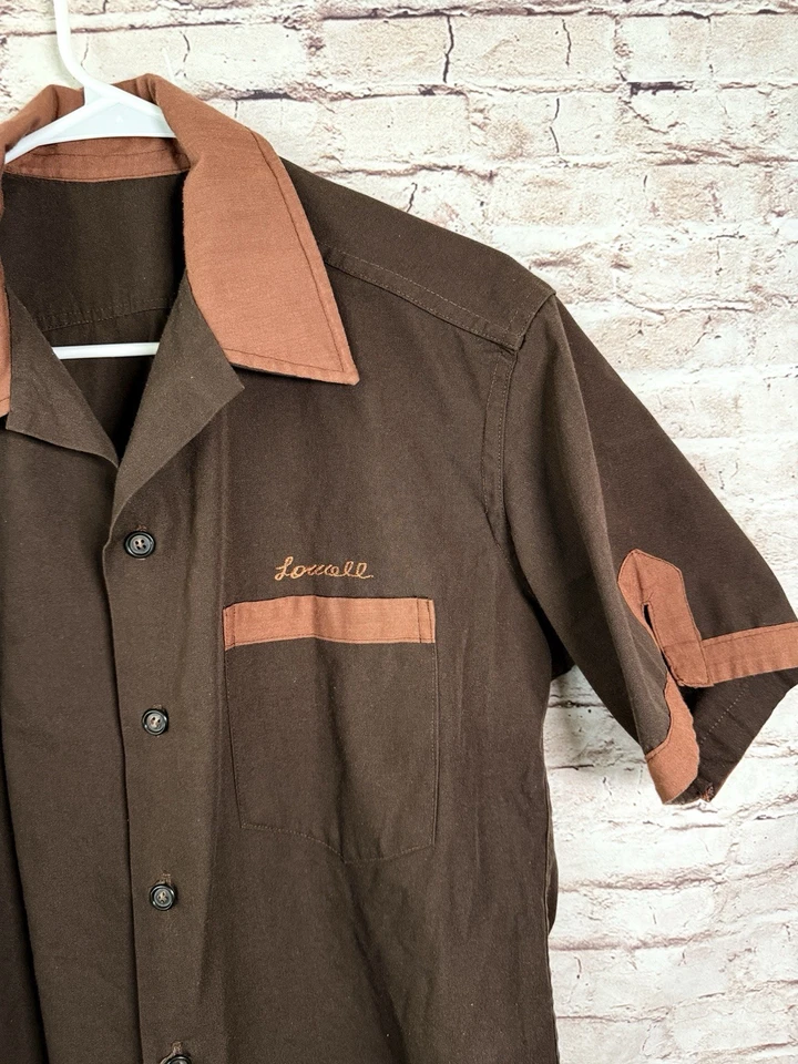 Vintage Gabardine Brown Embroidered Bowling Shirt Rockabilly L / XL - Image 2 of 4