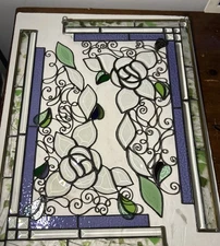 2 Victorian Tiffany Style Stain beveled Glass floral vine corner hanging panels