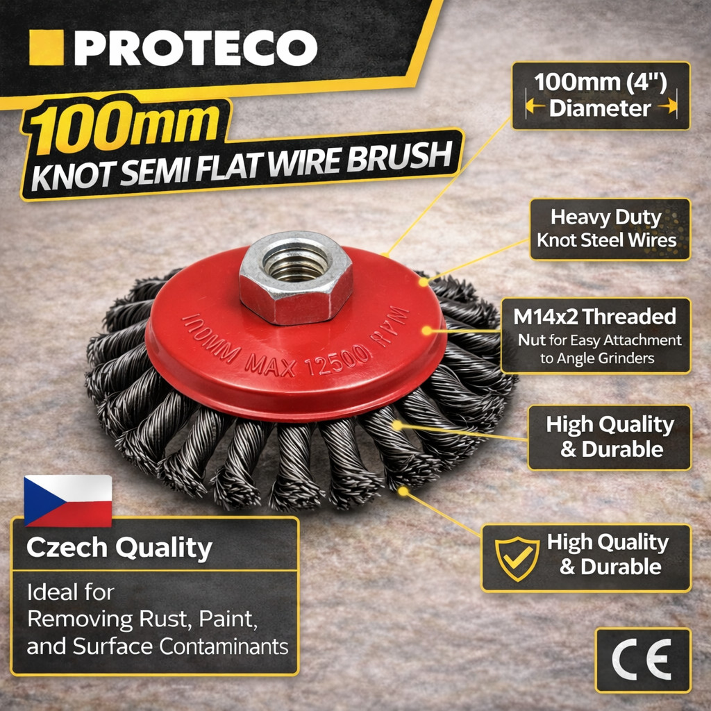 PROTECO 100mm Twist Knot Semi Flat Wire Wheel Brush – M14 Angle Grinder Cup