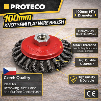 PROTECO 100mm Drehknoten Halbflach Draht Radbürste - M14 Winkelschleifer Topf