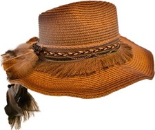 Boho Straw Cowboy Hat Fedora Ombre Brown 57cm Roll Up Brim Feather Fringe EUC