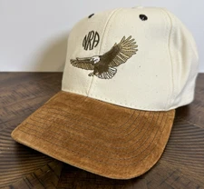 VTG NRA Eagle Embroidered Hat Cream Canvas Brown Suede Brim Snapback USA Made