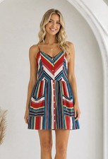 Womens Multi Stripe V Neck Sleeveless Mini Dress Size Small Smocked Back