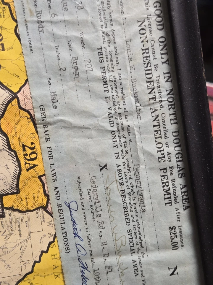 Douglas Wyoming 1964 antílope no residente licencia etiqueta de caza de colección mapa foto Foto 2 de 4