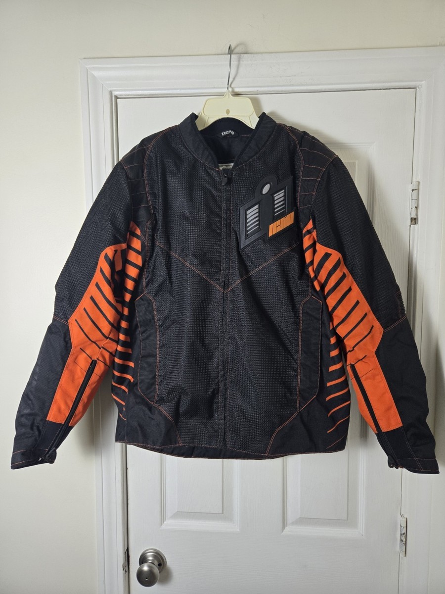 Icon Wireform Motorcycle Jacket Mens XL Black Orange Armored