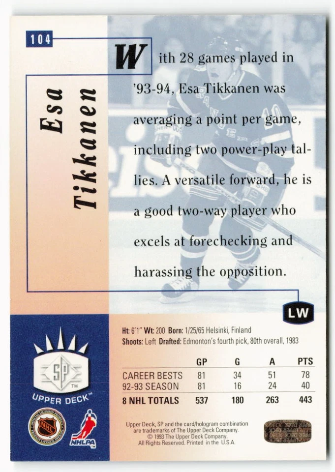 1993-94 Esa Tikkanen Upper Deck SP - New York Rangers - Image 2 of 2
