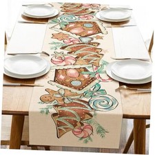 Christmas Gingerbread House Table Runner, Xmas Tree Gingerbread Man Peppermint