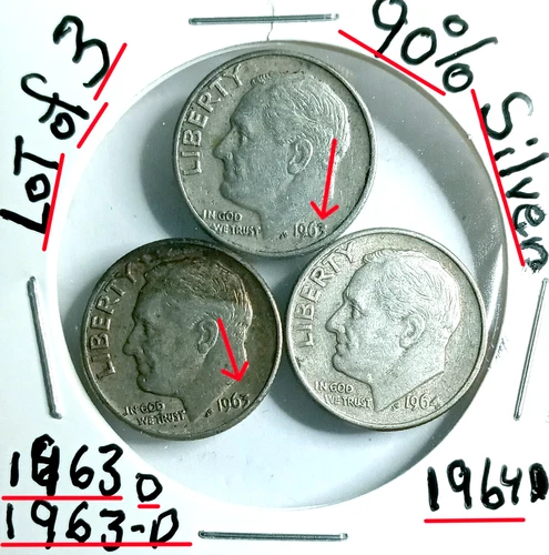 Roosevelt Dimes Lot of 3 90% Silver 1963-D 1963-D 1964 VG Condition Look@& Judge