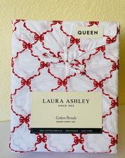 Laura Ashley Queen Sheet Set BOW RIBBON 100 Cotton Percale Red White NEW