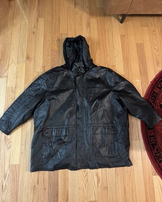 King Size Black Leather Hooded Parka Jacket Zip Up Coat Storm Flap 