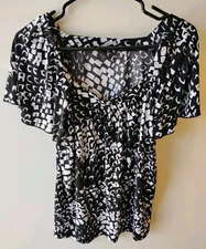 AB STUDIO Black White Women's Short Sleeve Blouse Large