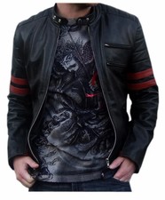 Men's Premium Lambskin Leather Motorcycle Jacket - Striking Black & Red Stripe