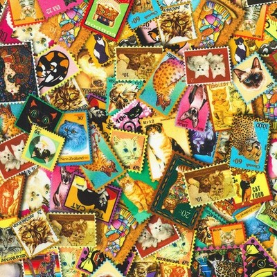 Feline Drive Fabric EVERYDAY FAVORITES Cat Stamps - Fat Quarter (18x22'') FQ