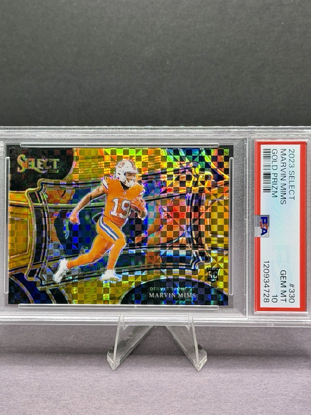 2023 Select Marvin Mims #330 Gold Prizm /10 RC Field Level Broncos PSA 10 Rookie