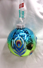 CELEBRATE IT 4" Glass Ball PEACOCK FEATHER Christmas Ornament  NOS