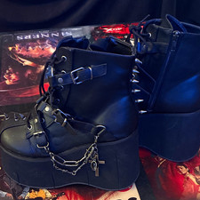 Women’s Black Platform Ankle Boots Zip Wedge Round Toe Buckle Chain Spikes